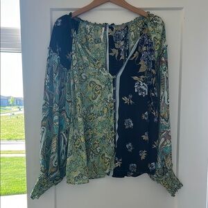 Free People Green and Black Blouse